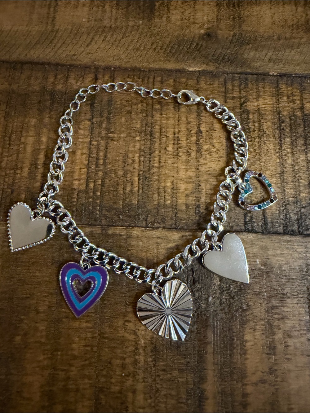 Silver Heart Charm Bracelet with Purple Accent Heart -